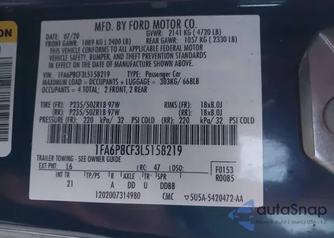 2020 Ford Mustang Gt Fastback из США, поврежденный, VIN 1FA6P8CF3L5158219